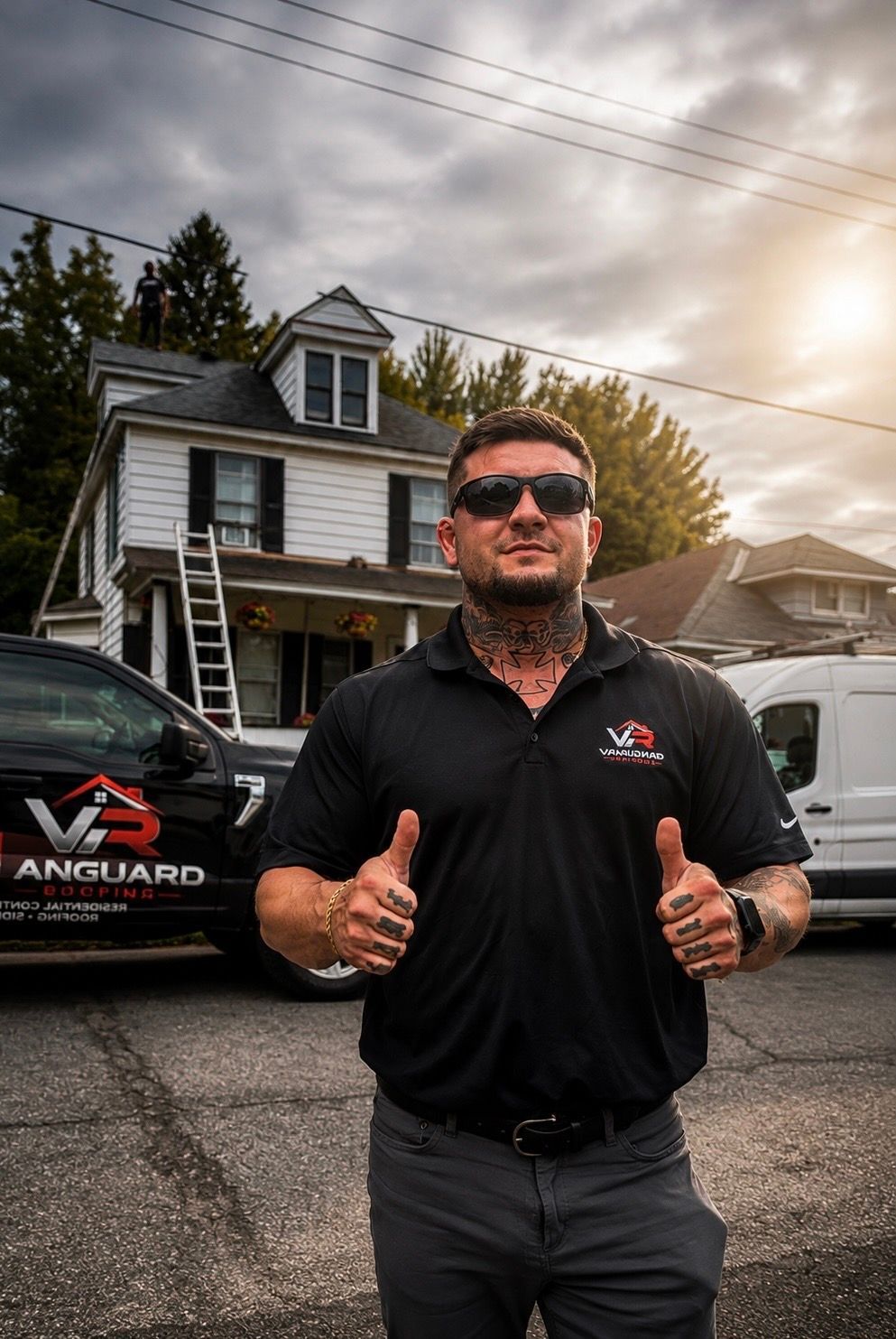 Man giving thumbs up in front of a house and company vehicle at dusk