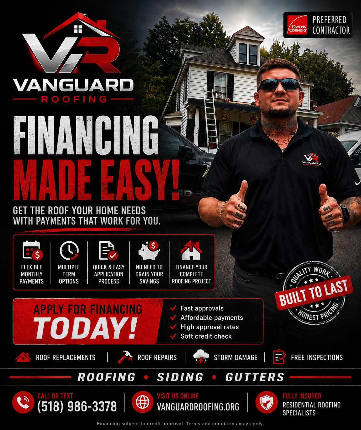 Vanguard Roofing financing ad with contractor, house roof, and bold “Financing Made Easy” text.