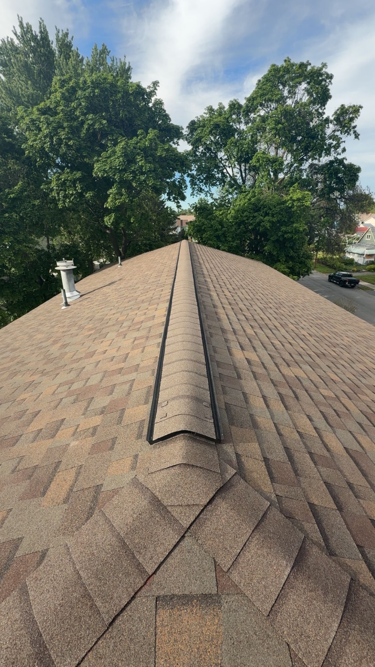 Roof ridge on a shingled house, with trees and blue sky in the background.