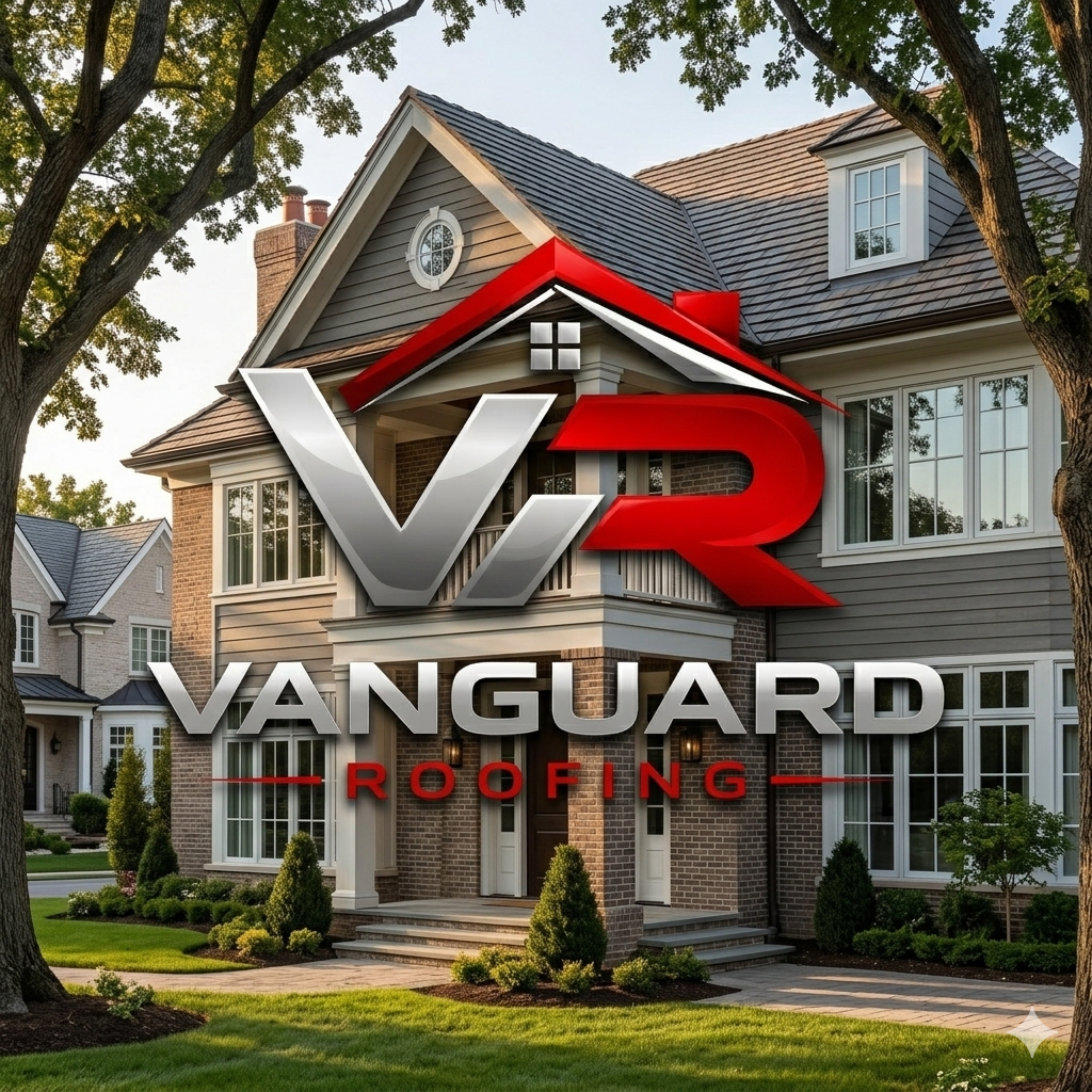 Vanguard Roofing logo over a suburban house with gray siding and a dark roof