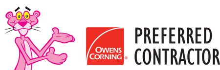 Pink cartoon panther beside Owens Corning logo and “Preferred Contractor” text