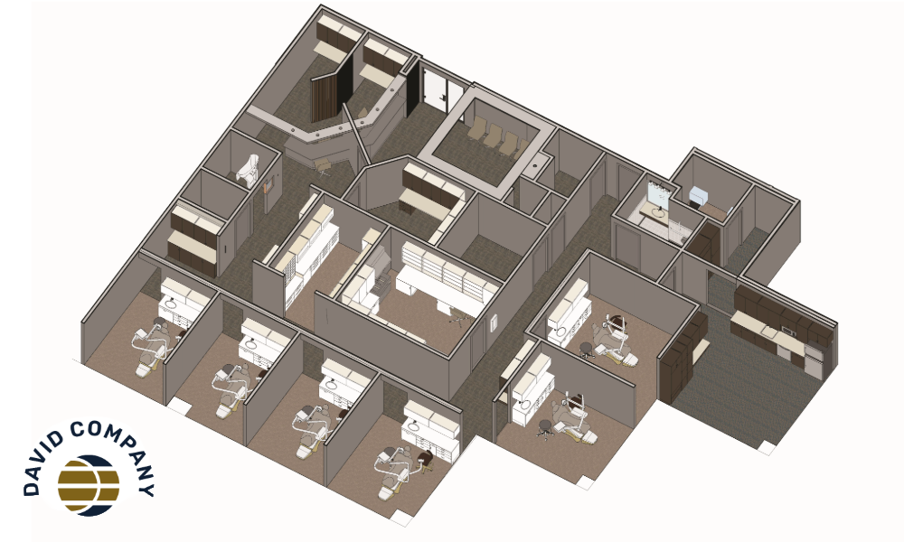 Cohan Floor Plan Isometric view of a dental clinic with treatment rooms and a waiting area.