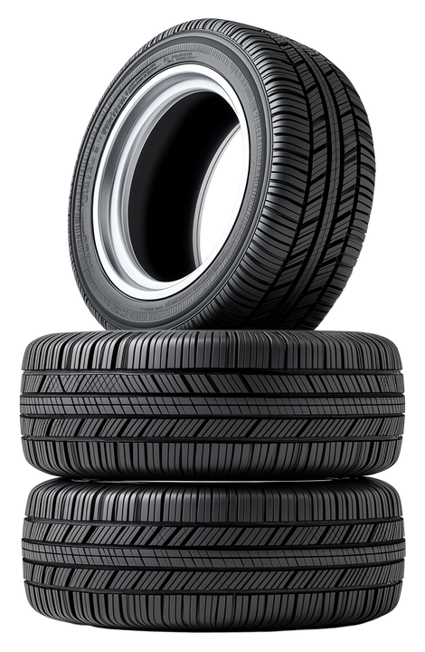 Stack of three black car tires with one tire leaning on top on a white background