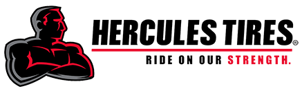 Hercules Tires logo with red-and-black muscular figure and slogan “Ride on our strength.”
