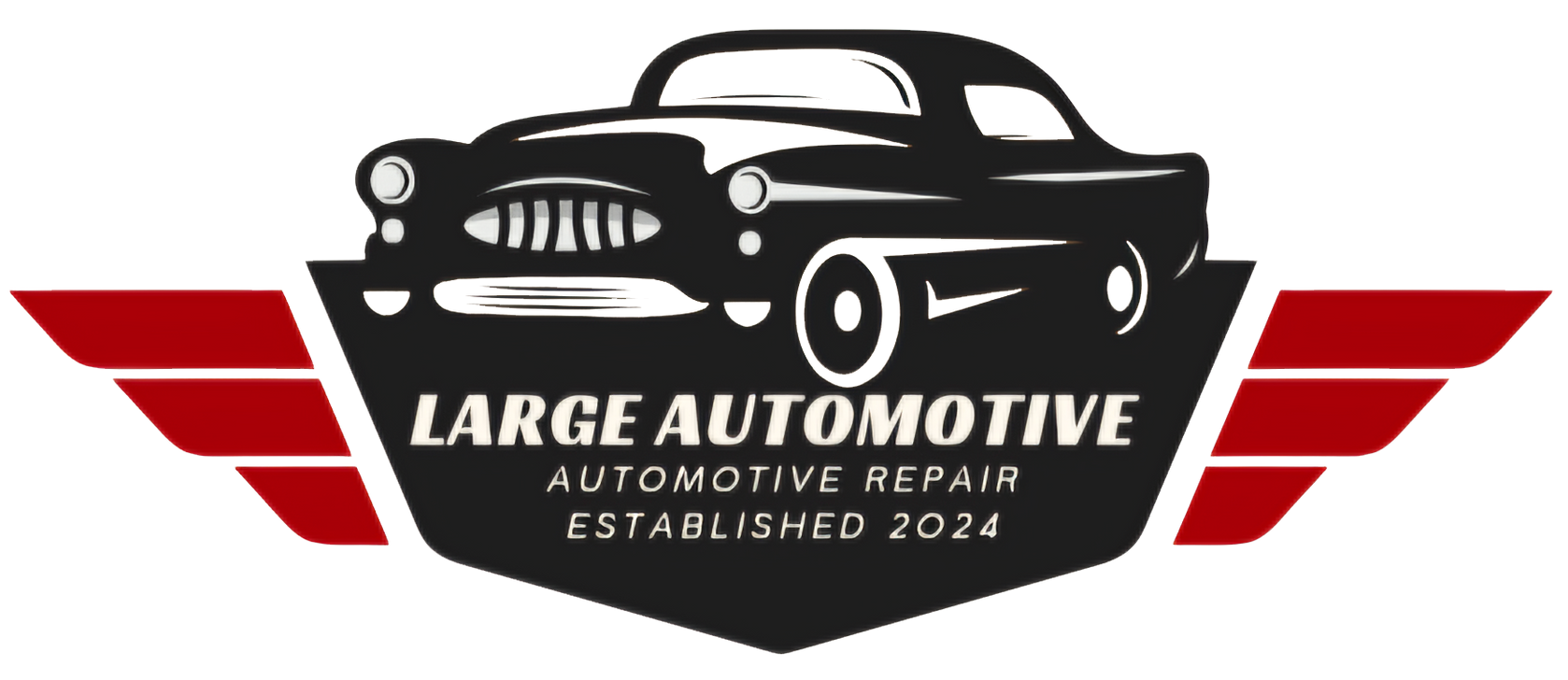 Large Automotive logo with black classic car and red wings, reading “Large Automotive & Automotive Repair Established 2024.”