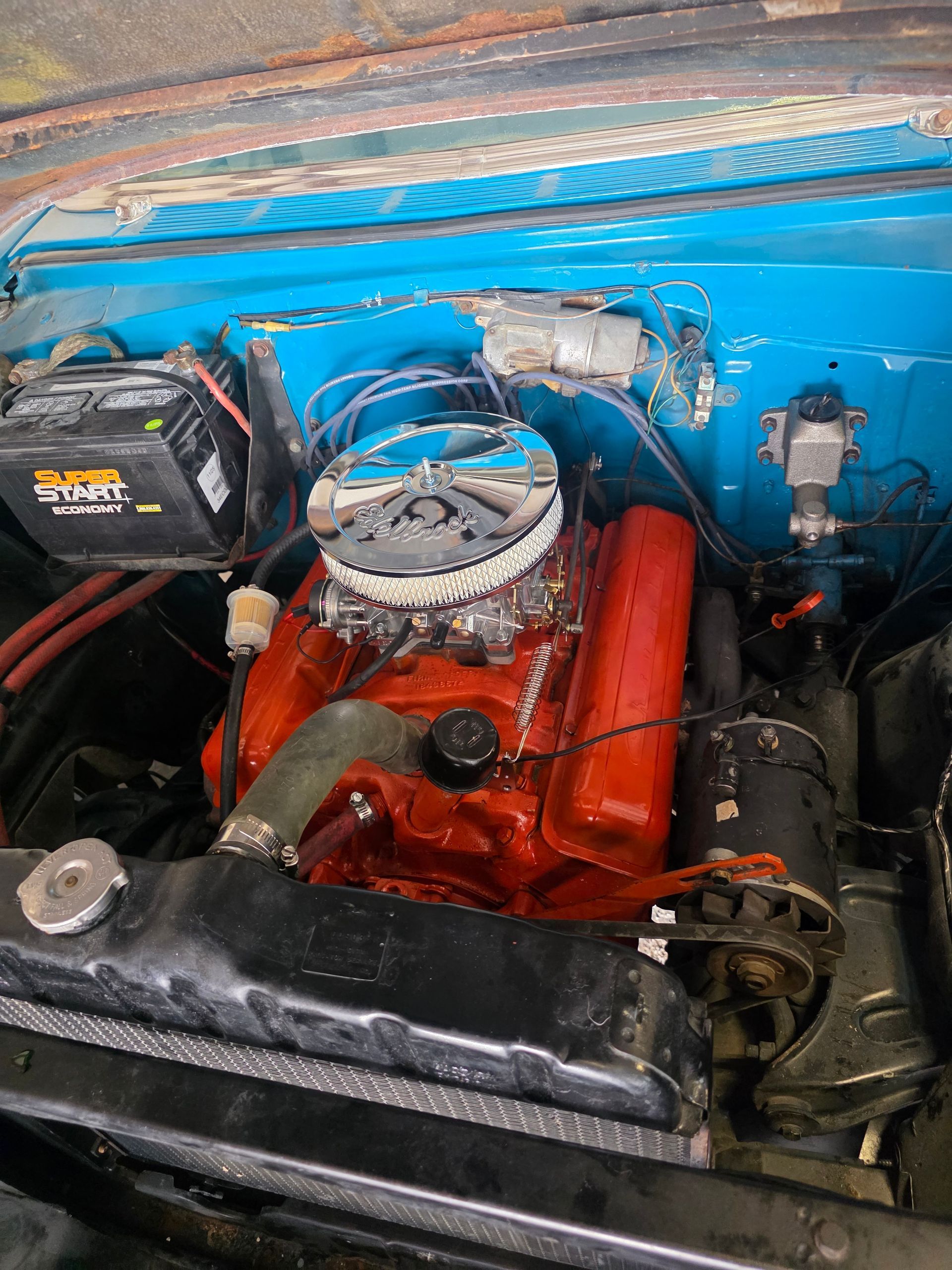 Close-up of a classic car engine bay with a red V8 engine and blue firewall.