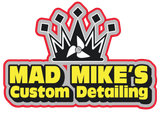 A logo for mad mike 's custom detailing with a crown