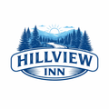 A blue logo with a forest, mountains, and sun behind a road, featuring the text 