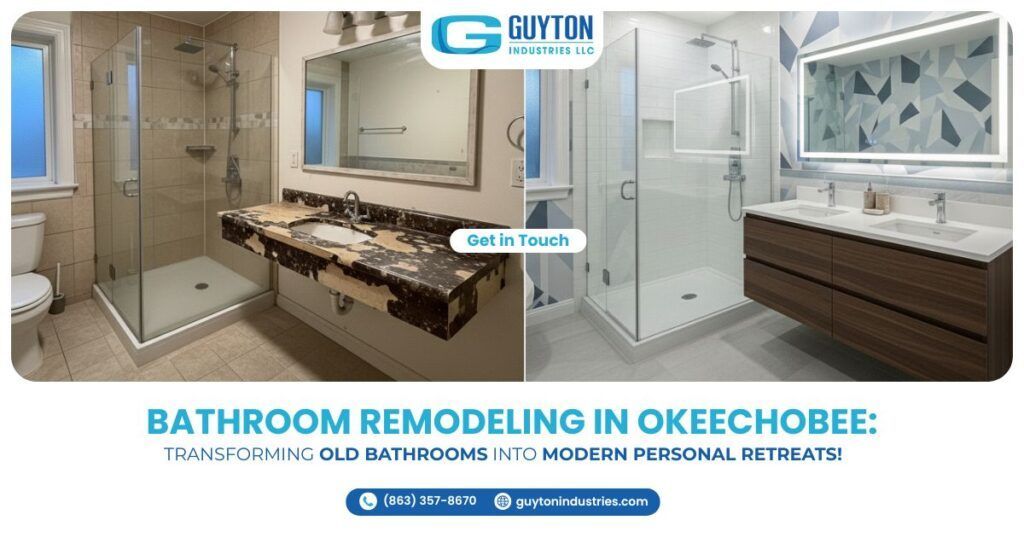 Before and after images of a bathroom renovation in Okeechobee featuring modern glass showers and updated vanities.