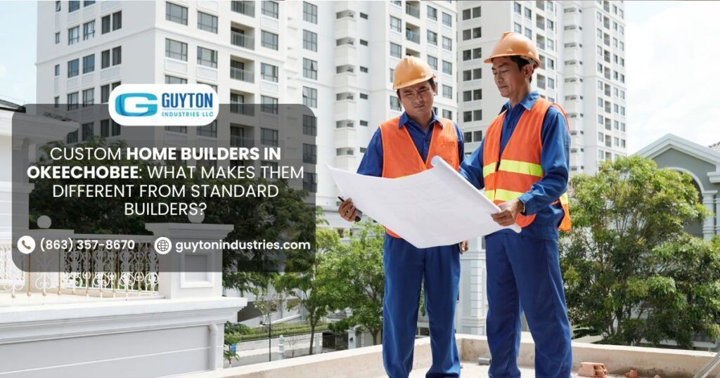 Two construction workers in orange vests and hard hats look at a blueprint in front of a building with Gyntom logo and text.