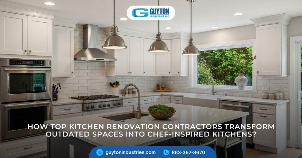 A modern, white-cabinet kitchen with a large island, stainless steel appliances, and hanging pendant lighting.
