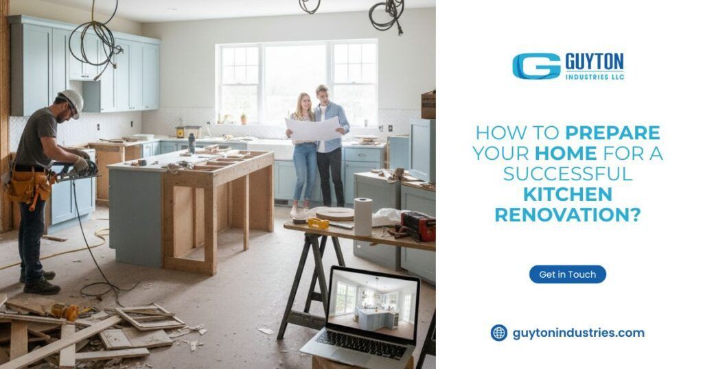 A construction worker renovates a kitchen while two people review plans in the background. Includes Guyton logo and text.