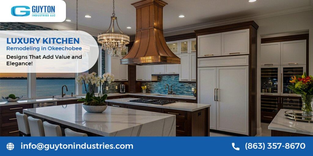 Luxury kitchen remodel featuring a large marble island, copper hood, white cabinets, and views of the water.
