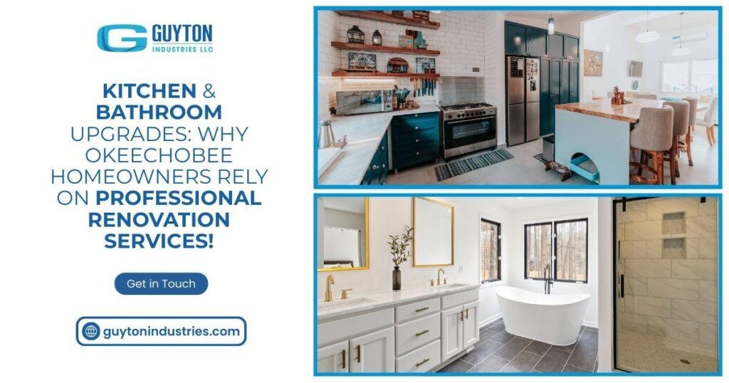 Ad for Guyton Interiors showing a modern kitchen, bathroom, and vanity with contact info for Okeechobee home renovations.