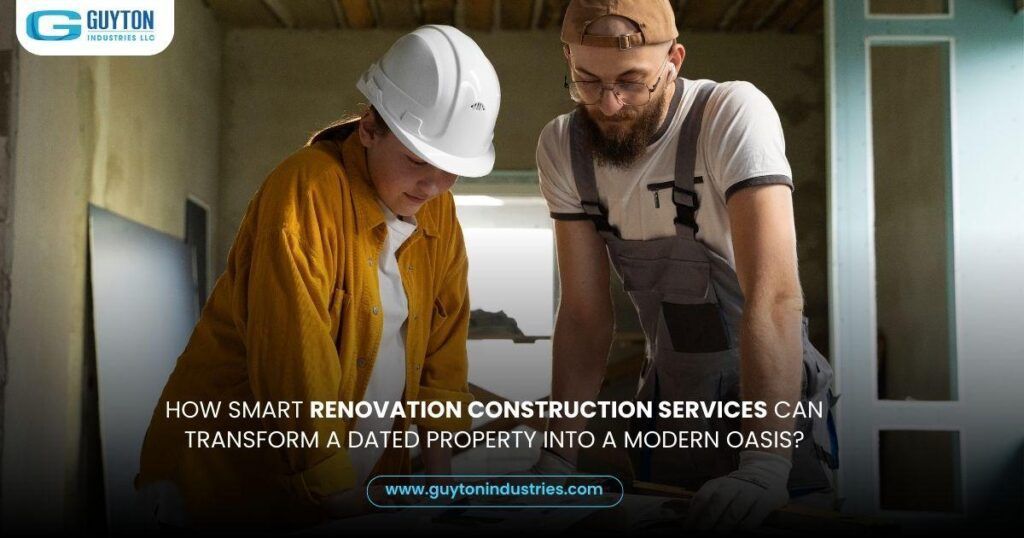Two construction professionals review blueprints in a room undergoing renovation, with the company logo and URL overlaid.