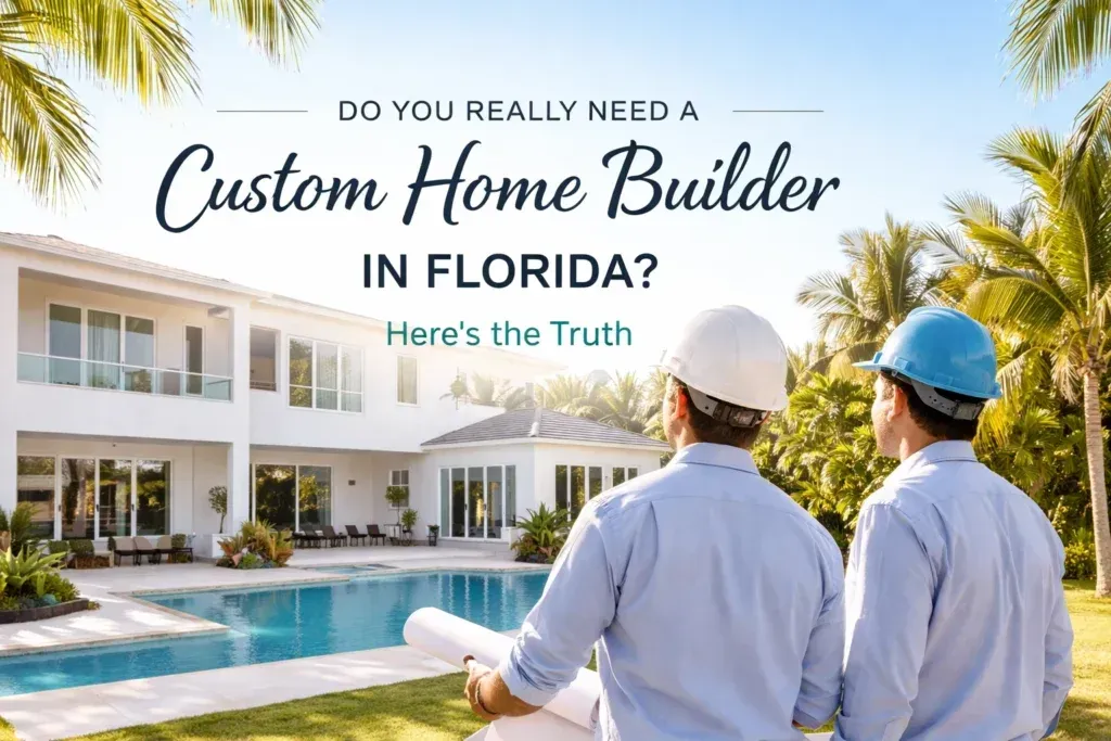 Two people in hard hats look at a large, modern house with a pool, overlaid with the text 