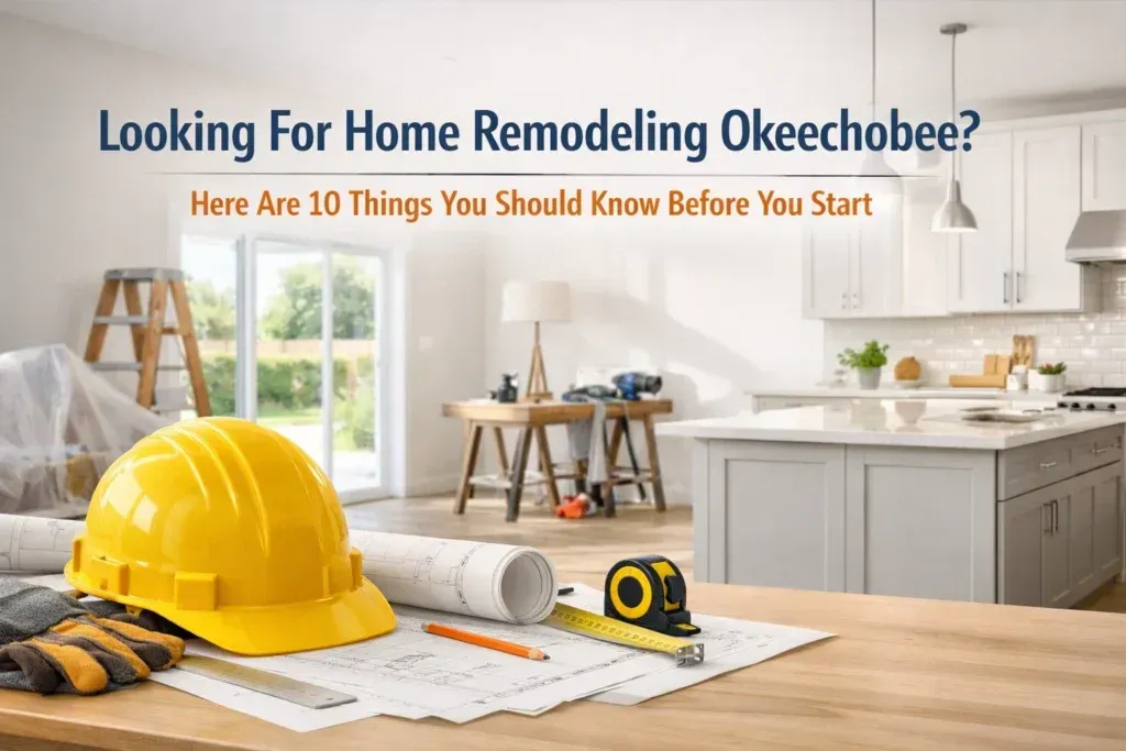 Hard hat, blueprints, and measuring tape on a table with a kitchen remodel background and text about home remodeling.