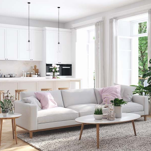 A bright, modern open-concept home with a white sofa, oval coffee table, houseplant, and a kitchen in the background.