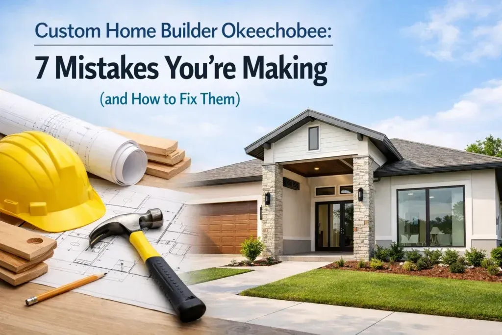 A construction hard hat, hammer, and blueprints next to a modern custom-built house under a blue sky with text overlay.