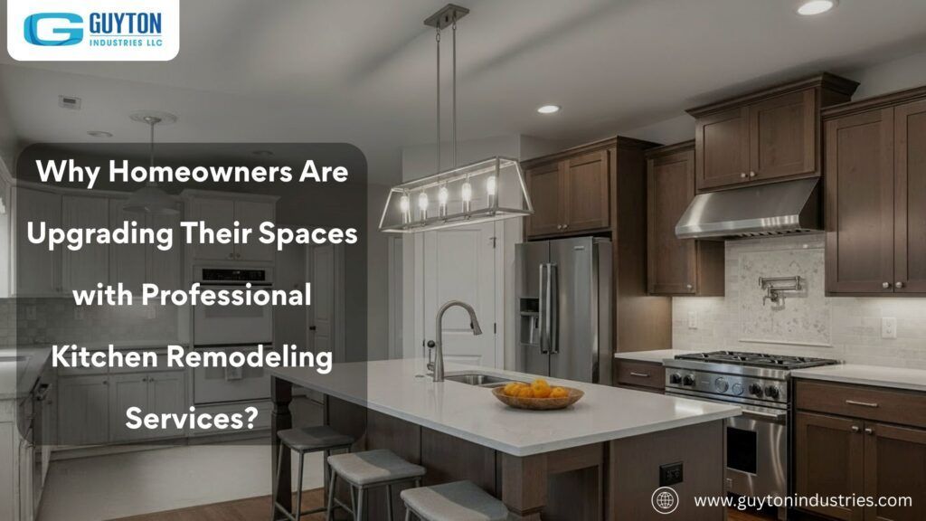 A modern kitchen with brown cabinets, a white island, stainless steel appliances, and Guyton remodeling service branding.