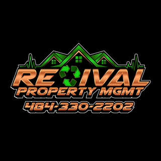 A logo for a company called revival property mgmt on a black background. Attached is business phone number