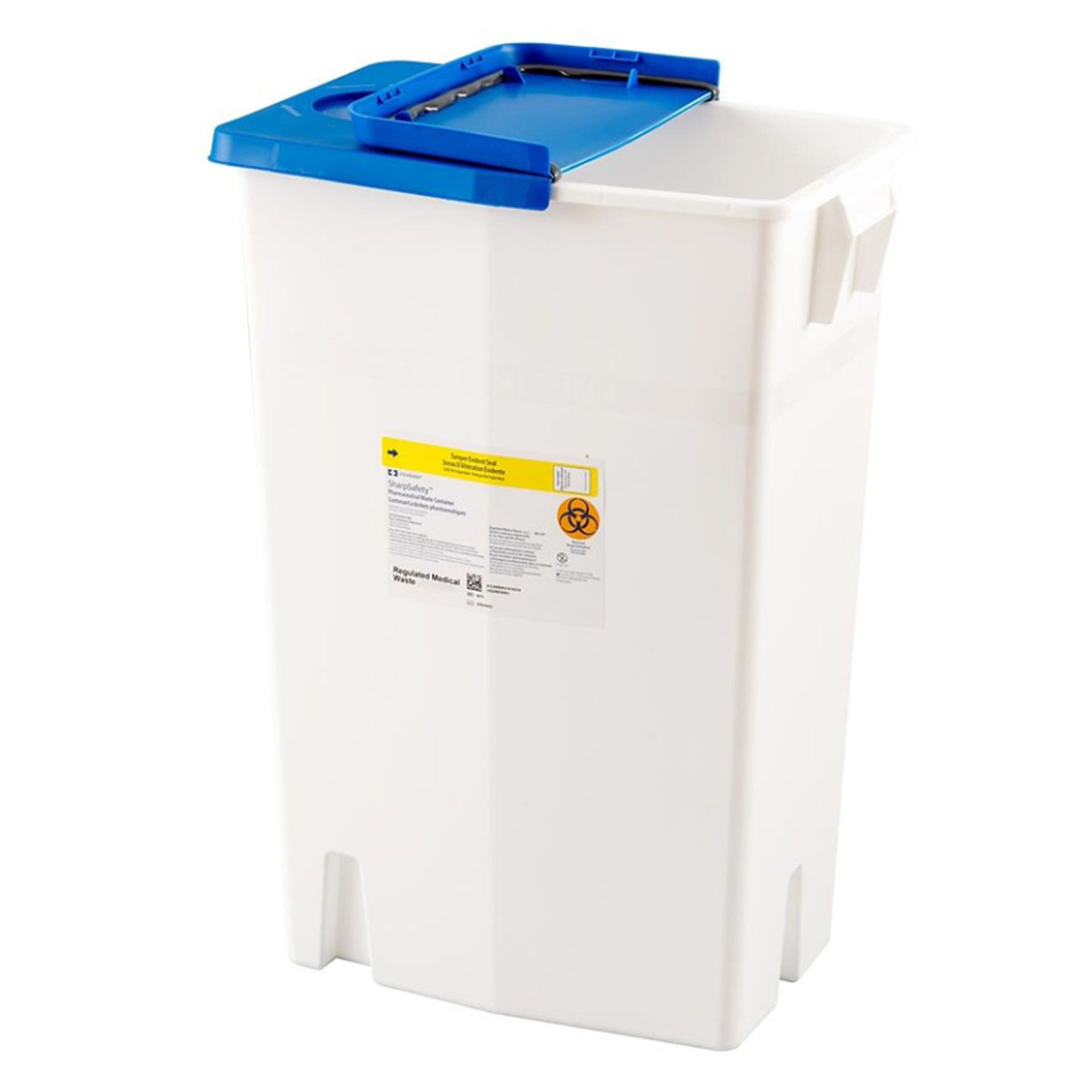 A white trash can with a blue lid and handles.
