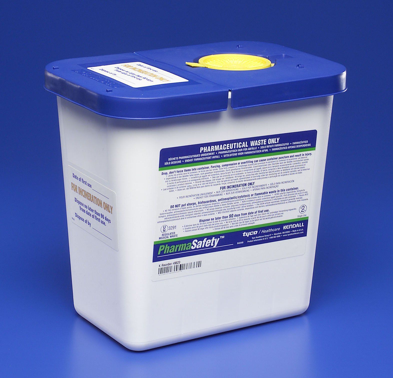 A white container with a blue lid that says pharma safety