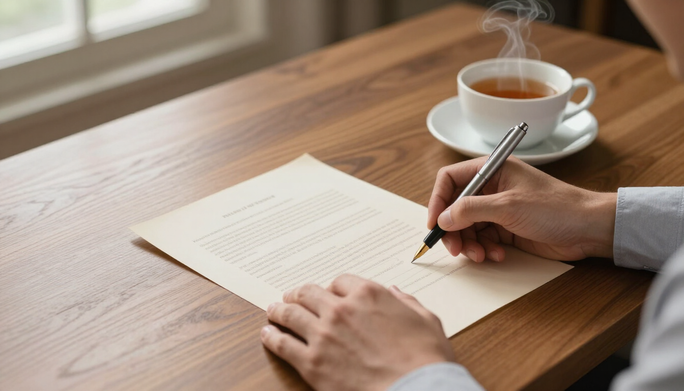 Hands signing documents in a comfortable setting