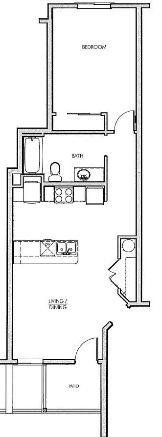 A black and white floor plan of a small apartment.