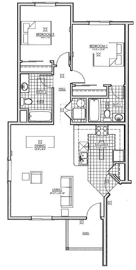 A black and white floor plan of a house with two bedrooms and a bathroom.
