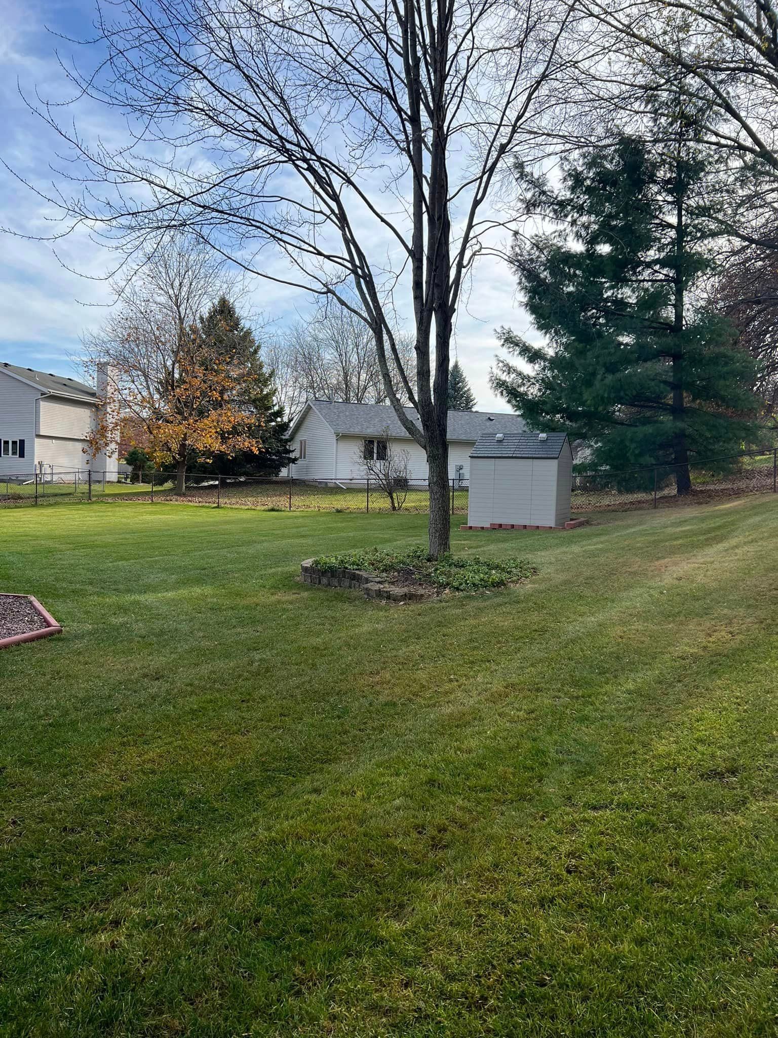 A large lush green yard with a house in the background.
