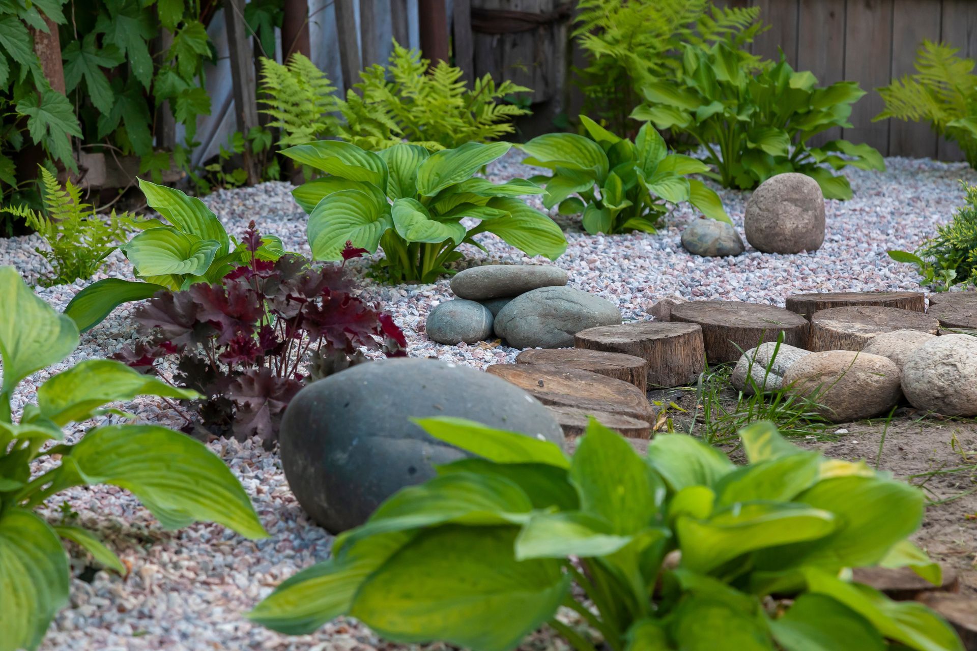 A garden filled with rocks , plants , and gravel.