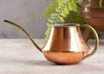 Copper watering can with a long spout and handle on a tabletop, with greenery in the background