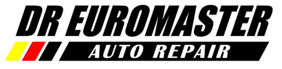 Logo for Dr Euromaster Auto Repair featuring bold text and a yellow, red, and black stripe graphic.