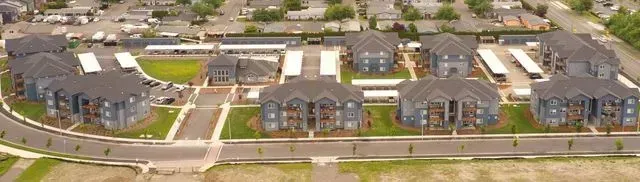 An aerial view of a residential area with lots of houses