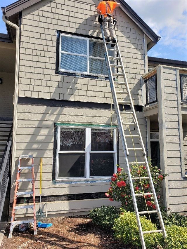 A man is standing on a ladder on the side of a house.