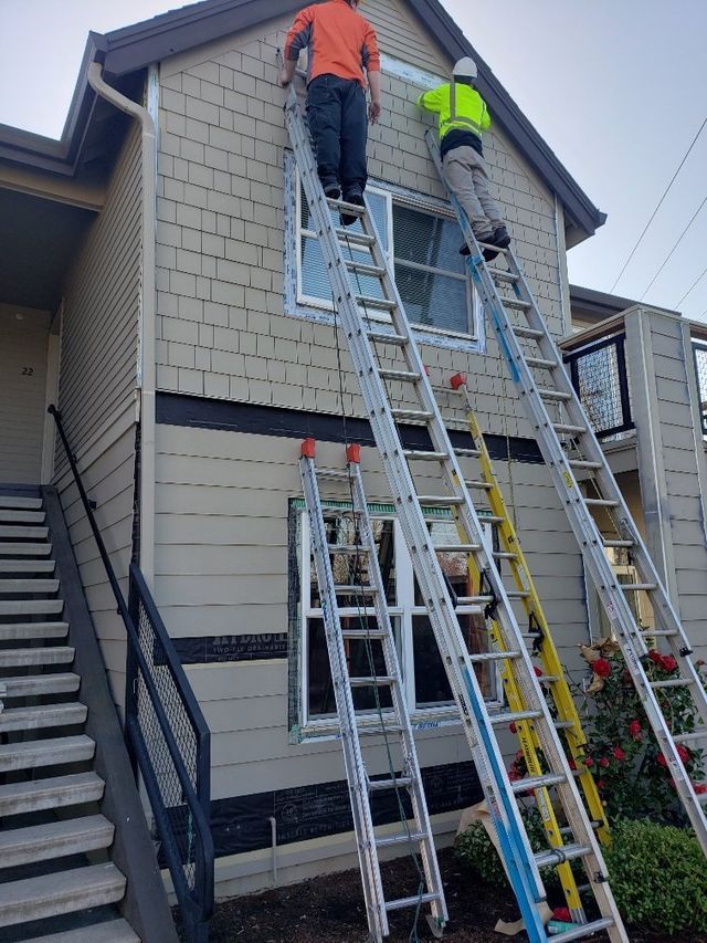 Two men are standing on ladders on the side of a house.