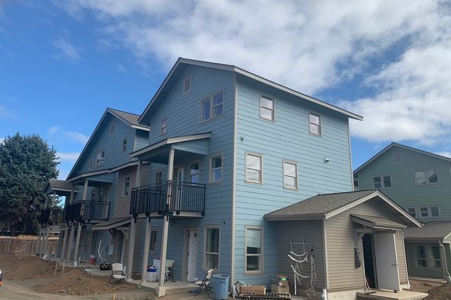 A row of blue houses are sitting next to each other on a hill.