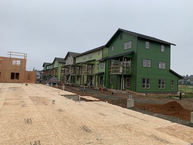 A row of green houses under construction on a cloudy day.