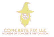 Logo for Concrete Fix LLC: yellow wizard with menacing grin. Text: "Concrete Fix LLC, Wizards of Concrete Restoration."