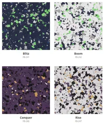 Four speckled flooring samples: Blitz (navy/green), Boom (white/gray/green), Conquer, and Rise (white/black/gold).