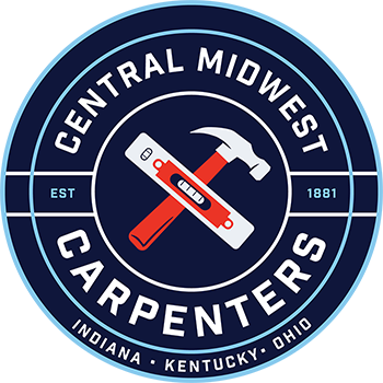 Logo for Central Midwest Carpenters: Blue and white circular design with a hammer and level crossed, with text.