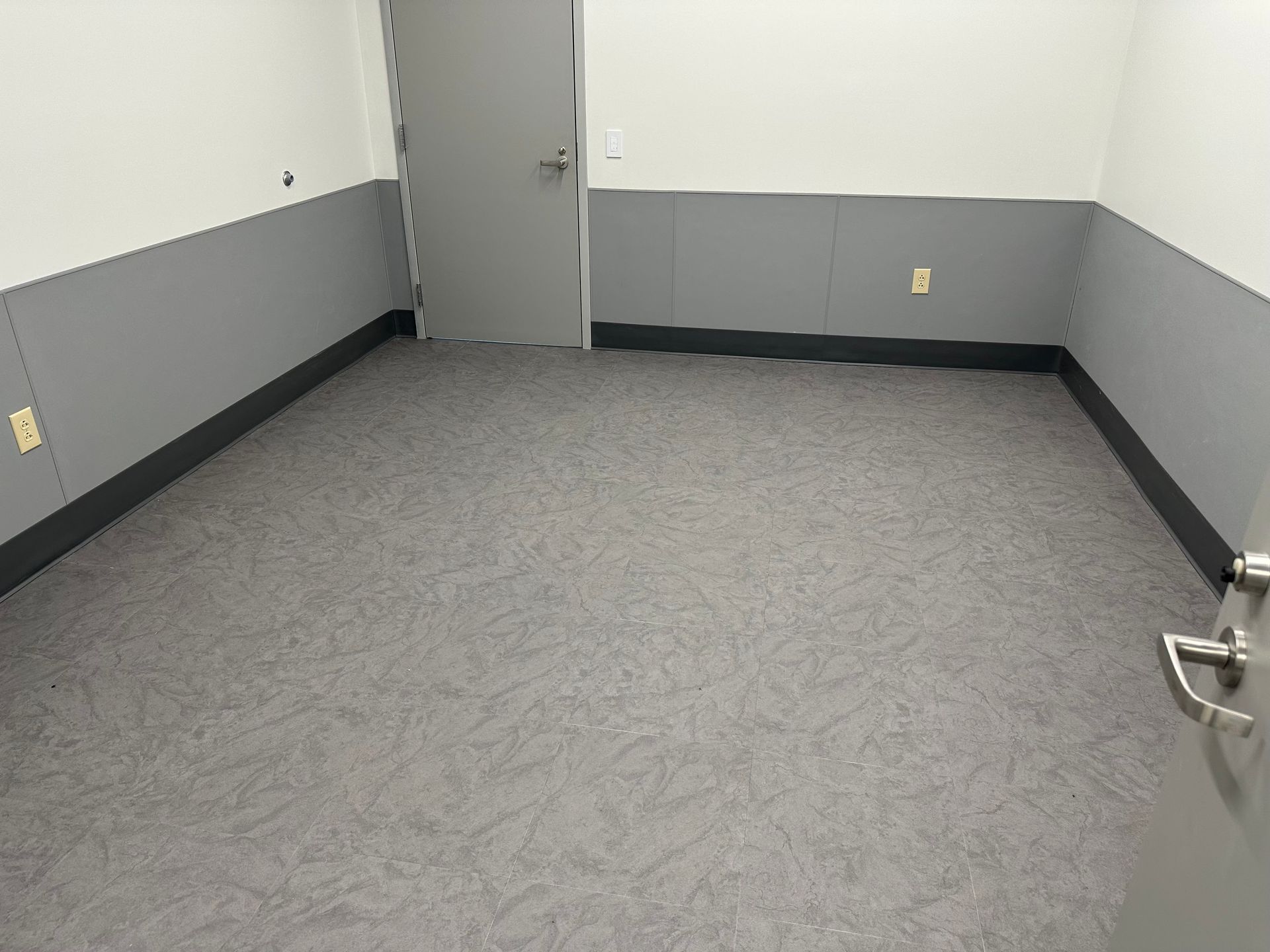 Empty room with gray carpet, walls, and a closed door.