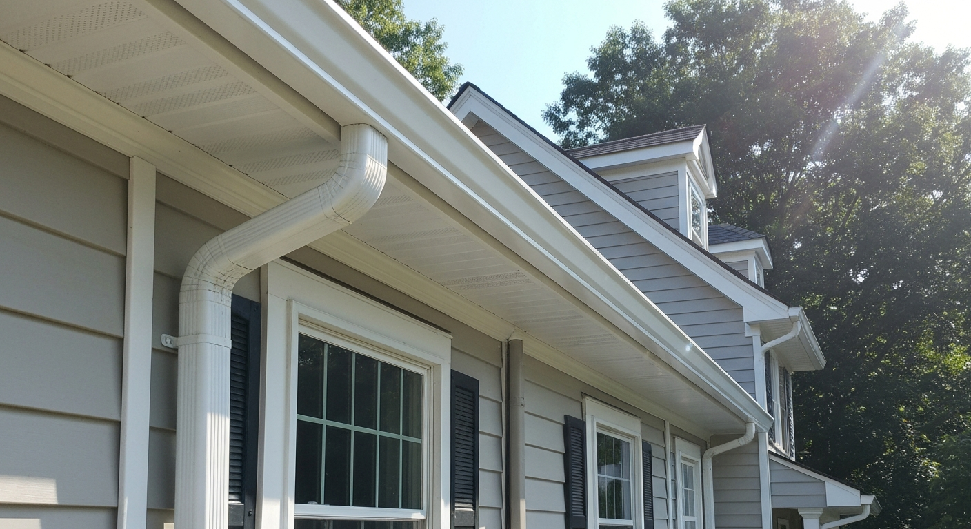 Six-inch residential gutter and larger downspout system installed on a home