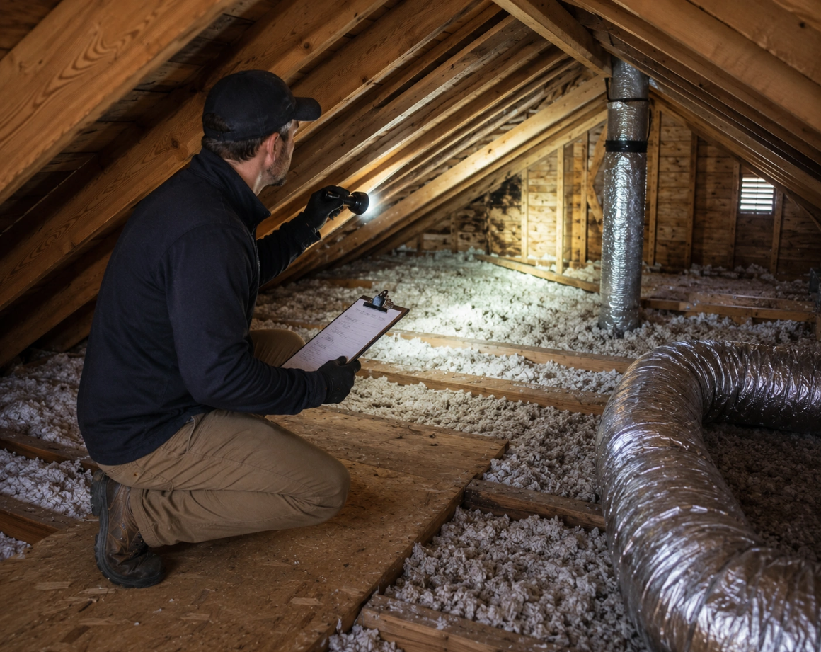 Seipp Roofing professional inspecting an attic for insulation, ventilation, airflow, moisture, and roof-deck concerns.