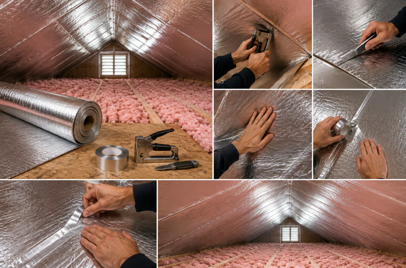 Radiant barrier installation in an attic to help reduce heat transfer and improve energy efficiency.