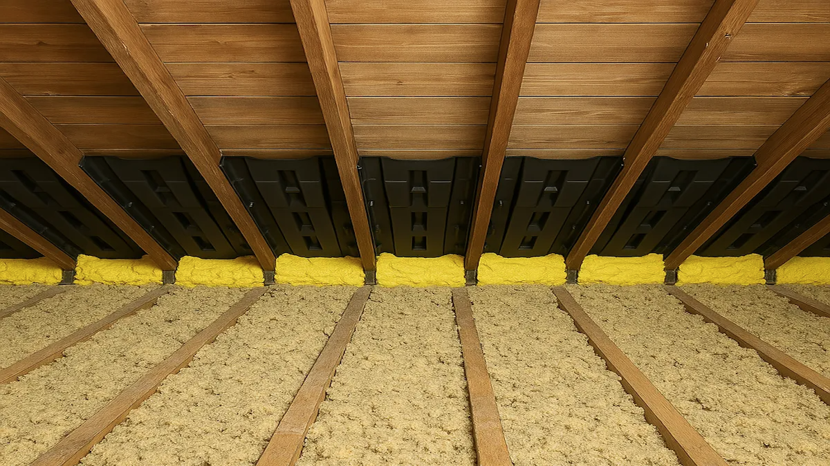 Attic ventilation baffles and blown-in insulation installed to improve airflow, comfort, and energy efficiency.