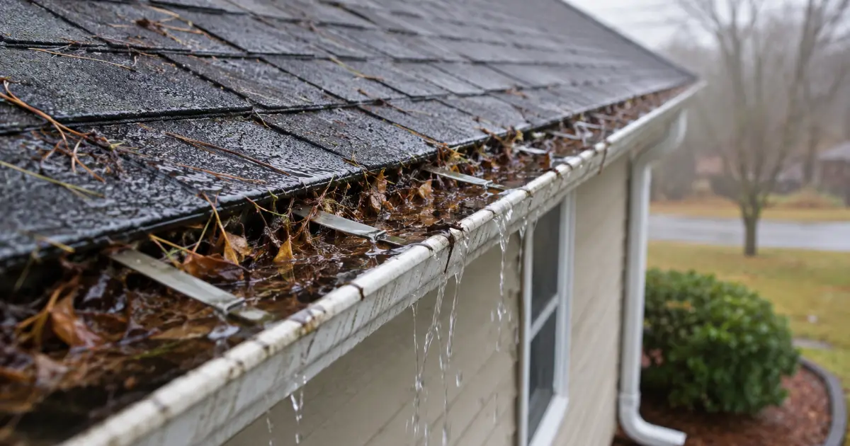 Leaves and debris clogging a residential gutter before gutter maintenance