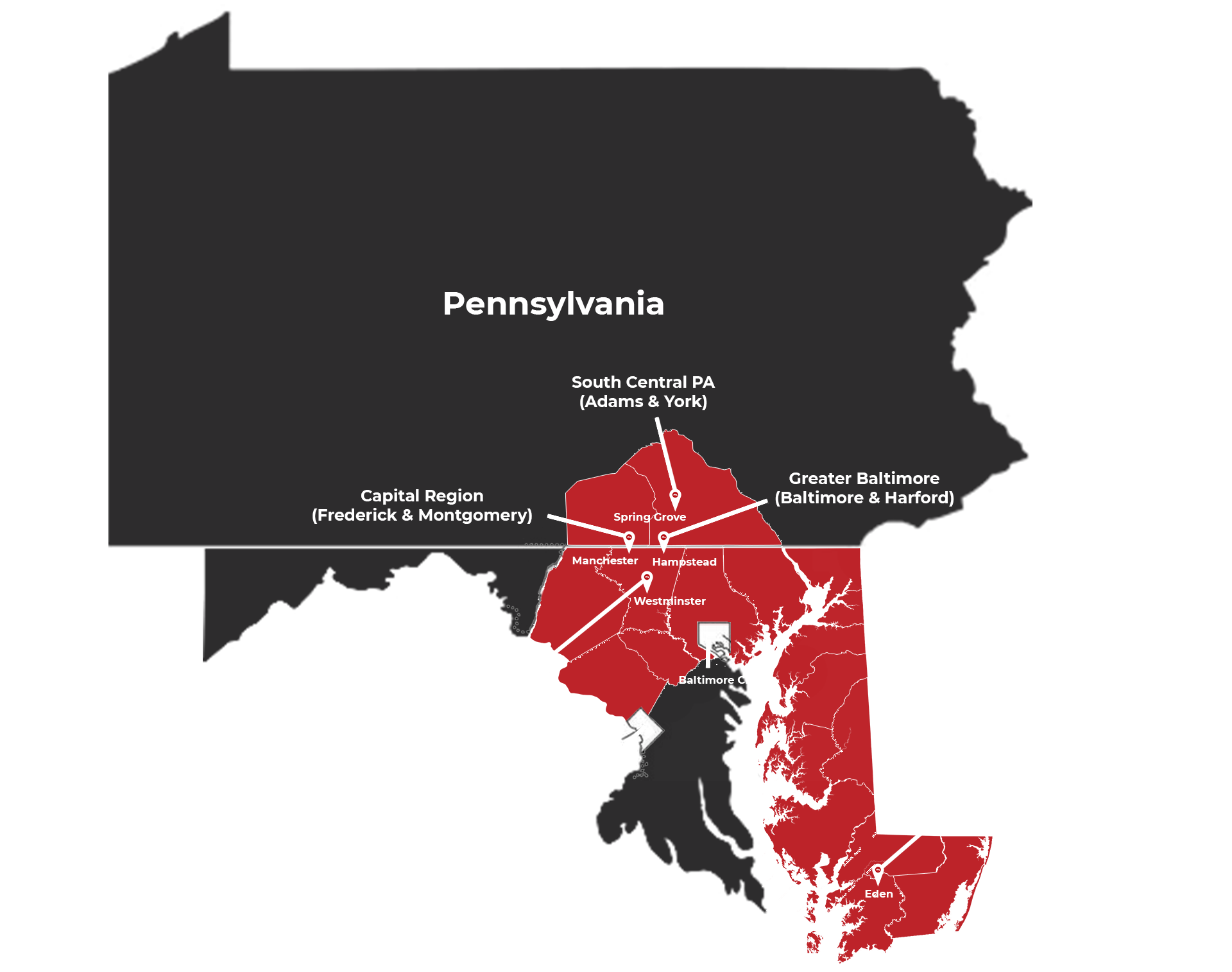 Seipp Roofing service area map showing coverage across Maryland and Pennsylvania