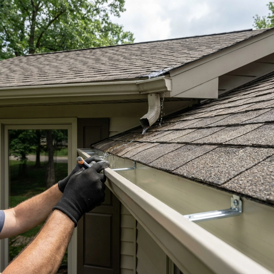 Gutter tune-up service adjusting and securing a residential gutter system